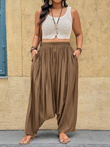 Breezaya 大码女式梭织休闲宽松长裤，右侧带口袋，棕色 - 棕色 - 查看 4