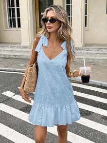 Serisse 女士纯色露背休闲度假无袖迷你连衣裙 - 淺藍色 - 查看 7