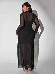 SHEIN CURVE+ Plus Size Elegant Romantic Mesh Sheer Long Sleeve Dress + Slip Dress 2 Pieces Set - Black - View 6