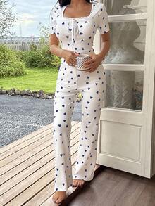 SHEIN Women's Casual Heart Print Square Neck Tight Top And Flare Pants Pajama Set - Navy Blue - View 6