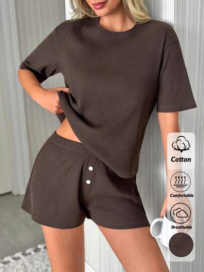 SHEIN Women Cotton 2 Pcs Rib Knit Round Neck Short Sleeved Shirt& Button Detail Shorts Homewear Pajama Set