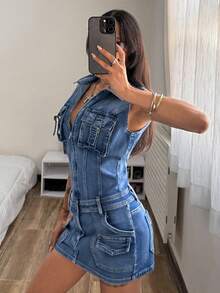 StreetHx Women's Summer Street Washed Zipper Bodycon Denim Dress - Blue - View 6