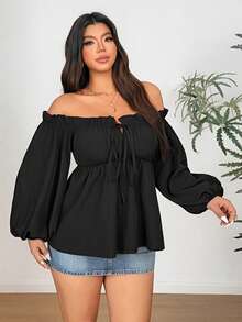 Vionelle Plus Size Sexy Off-Shoulder Bow Blouse - Black - View 5