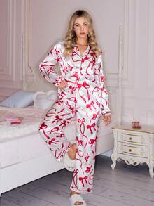 Heart & Bow Cute Girl/Women Pajama Set - Burgundy - View 3