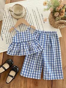 SHEIN Babygirl Summer Cute Vacation Casual Blue & White Plaid Ruffle Trim Camisole & Elastic Waist Pants Set - Blue - View 7
