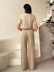 SHEIN Tall Áo croptop trơn và quần ống rộng dành cho nữ. - Màu be - Xem 2