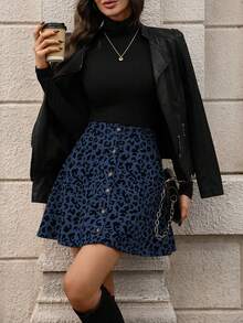 EMERY ROSE 女士豹纹灯芯绒纽扣前开襟A字裙 - 寶藍色 - 查看 4