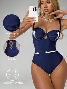 Shapewave 1pc Women's Solid Color Ruched Sexy Fashion Spaghetti Strap One-Piece Swimsuit - Navy Blue - View 1
