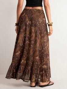 Freevana 波西米亚风高腰半身裙，双层复古腰果花佩斯利花纹松紧腰A字裙，复古优雅女装 - 棕色 - 查看 2