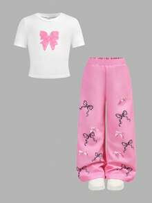 2 Stücke/Set Kleine Mädchen Weißes T-Shirt mit Schleifen Muster & Rosa Blumen Muster Hose, Lässig, Modisch, Vielseitig, geeignet für Ausflüge, Schwester Fotoshootings, Parkbesuche, Camping, Urlaub, Alltags Lässig Tragen - Verschiedenfarbig - Übersicht 10