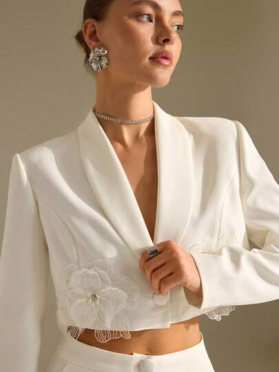CLARA VERO Women's Floral Beaded Lapel Long Sleeve Blazer With Belt & Wide Leg Pants Suit, White