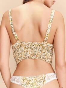 lacRébo Yellow Vintage Floral Print Strapless Corset Top With Matching Pants Lingerie Set,Cute Summer French Parisian Style Homewear - Yellow - View 5