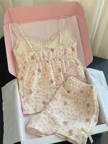 CovetEZ Conjunto de camiseta y pantalones cortos casual, lindo y dulce con estampado de oso y lazo floral rosa, adecuado para primavera/verano - Multicolor - Ver 2