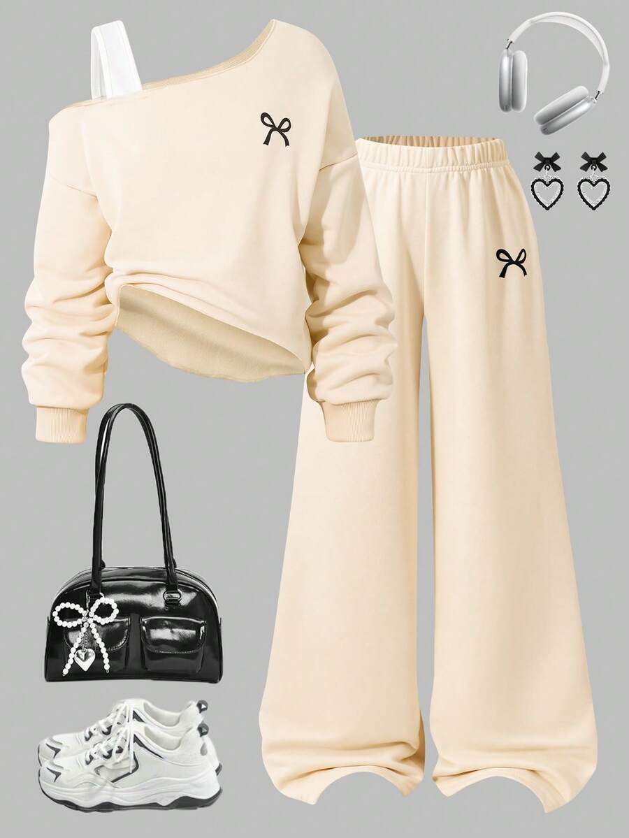 SHEIN Explorewe Bộ đồ thể thao mùa thu/đông cho bé gái, áo nỉ cổ chéo phối dây, vai bất đối xứng, nơ ngắn in họa tiết + quần ống đứng cạp chun cùng màu, 2 món phong cách tối giản thường ngày. - Màu be - Xem 1