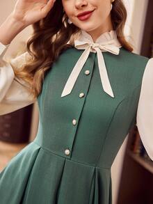 Vintamour Đầm nữ cổ điển thanh lịch có túi, kiểu dáng 2 trong 1, tay áo sơ mi, nơ, viền bèo nhún, cúc ngọc trai, phối màu tương phản, thích hợp cho công sở, du lịch, nghỉ lễ, đầm dài mùa hè cho nữ, trang phục mùa hè, đầm dài mùa hè cho nữ, quần áo mùa hè, trang phục nghỉ hè, trang phục mùa xuân cho nữ, trang phục nghỉ xuân, quần áo mùa xuân, đầm mùa xuân cho nữ, đầm thanh lịch cho nữ. - màu xanh lá - Xem 1