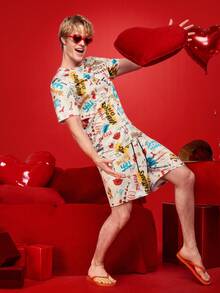 Notgurli Conjunto de pijama masculino de 2 peças com estampa divertida de grafite e letras para o Dia dos Namorados, composto por shorts de manga curta e calça. - Multicolorido - Ver 6