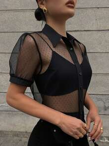 DAZY Casual Business Sheer Mesh Fitted Chiffon Blouse, Minimalist Short Sleeve Women Shirt - Black - View 3