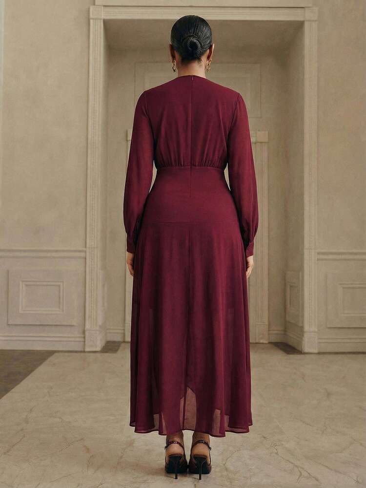 Elegant V-Neck Sequin Design Pleated Asymmetric Hem Party Wedding Dress For Women, Suitable For Wedding, Graduation, Autumn, Fall, Winter, Going Out, Elegant, Formal, Chic, New Year, Christmas, Party Outfit