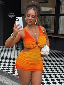 Vaytide 2 件套女士加大码渐变色宽肩带镂空抽绳腰性感分体泳衣套装，时尚度假装