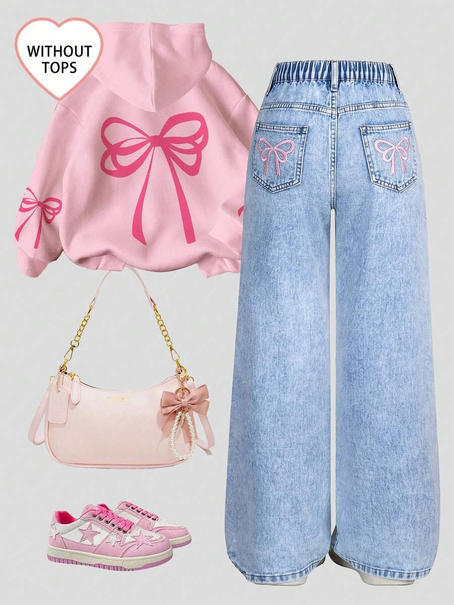 SHEIN ChillGRL 少女Y2K风格牛仔裤，休闲时尚简约百搭牛仔裤，可爱蝴蝶结印花，复古浅蓝色直筒牛仔裤 - 淺色水洗藍 - 查看 1