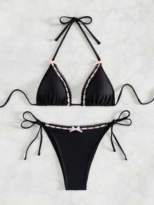 SHEIN Swim 夏季沙灘女性純色比基尼套裝，頸帶飾有蝴蝶結，適用於泳池和度假 - 黑色 - 查看 3