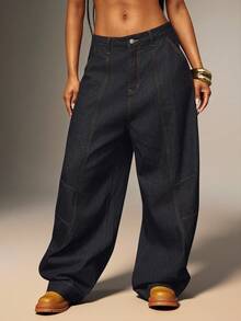 Denimoi Barrel Leg Adjustable Ankle Baggy Jeans Fashionable Streetwear Barrel Jeans Balloon Jeans - Dark Wash - View 5