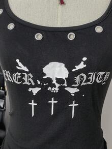 SHEIN Unity Đầm nữ mùa thu/đông không tay phong cách punk rock tối màu với cổ áo xếp nếp, trang trí đục lỗ và họa tiết in hình đồ họa. - màu đen - Xem 3