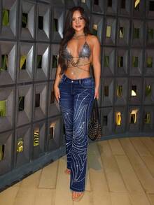 Jeanoix Low Waist Slim Fit Rhinestone Embellished Fashionable Women's Jeans - Dark Wash - View 4