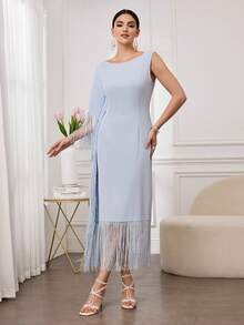 Al Najma Women's Fashion New Fringe Elegant Elegant Asymmetrical Neck Cinching Waist Dress - Blue and White - View 3