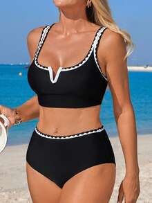 Swim Lushoire Women's V-Neck Floral Ruffle Bikini 2-Piece Swimsuit, Fashionable Casual Vacation Swimming Set - Black and White - View 5