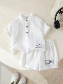 SHEIN 2 Stücke Baby Jungen Lässig Süß Urlaubsstil Weiß Kurzarm Hemd und Shorts Set, geeignet für Frühling/Sommer - Weiss - Übersicht 5