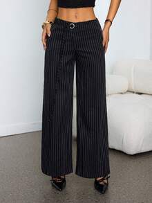 SHEIN PETITE 女士黑色条纹低腰镂空装饰带休闲简约阔腿裤/通勤休闲/百搭外出/办公室穿着/复古富家女装/商务休闲女装/教师装时尚女裤 - 黑色 - 查看 10