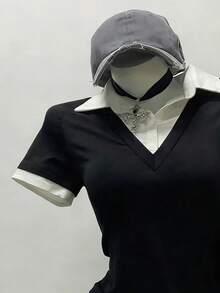 Resyla Women's Collared Button Half-Placket 2 In 1 Casual Everyday Short Sleeve T-Shirt Black And White Tops Preppy Tops Black And White Blouse Office Tops Women Cute Black Tops - Black and White - View 5