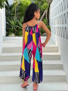 少女休闲几何撞色印花无袖连体裤，夏季灯笼裤，夏威夷风连体裤 - 彩色 - 查看 2