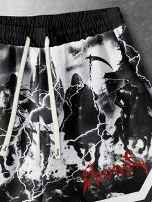 ROMWE MEN Street Life Men's Casual Dark Print Loose Shorts, Summer - Black - View 4