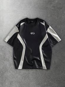 ROMWE MEN Essentials Áo thun da PU nam kiểu dáng thường ngày phối màu tương phản - màu đen - Xem 1