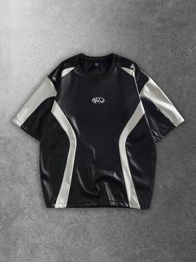 ROMWE MEN Men's Casual Contrast Color PU Leather T-Shirt