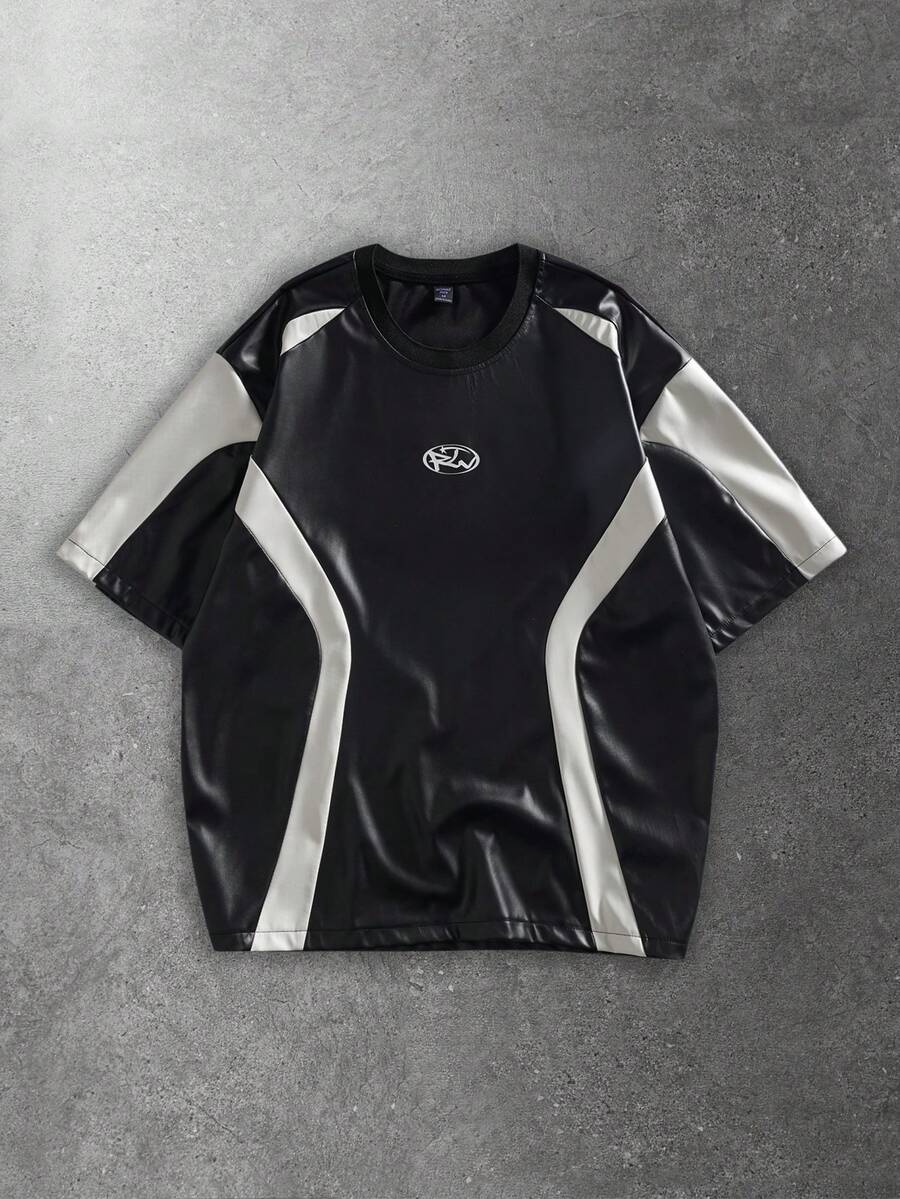 ROMWE MEN Essentials Áo thun da PU nam kiểu dáng thường ngày phối màu tương phản - màu đen - Xem 1