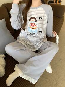 DAZY 2pcs Women Cartoon Girl Striped Splice Raglan Sleeve Lace Ruffle Trim Loose Long Sleeve T-Shirt And Pants Pajama Set - Blue - View 3