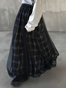 FRIFUL 女士春夏格子拼接薄纱A字宽松休闲百搭半身裙 - 黑色 - 查看 4