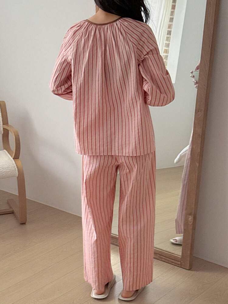 Striped Ruched Tie Neck Lantern Sleeve Loose Women Pajama Set