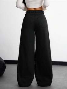 SHEIN ICON 大码女式休闲度假棕色无弹直筒牛仔裤 - 黑色 - 查看 2