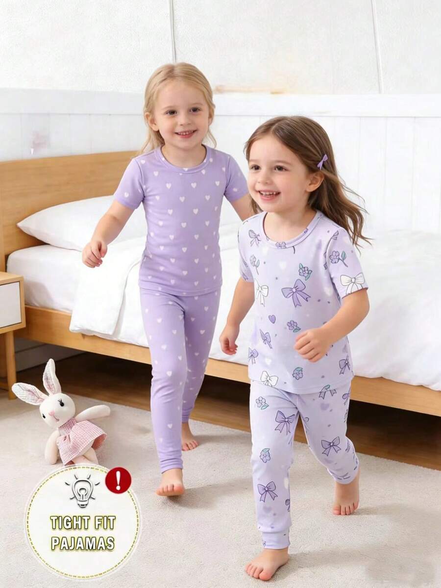 女童紫色蝴蝶结爱心印花短袖睡衣套装 - 淡紫色 - 查看 1