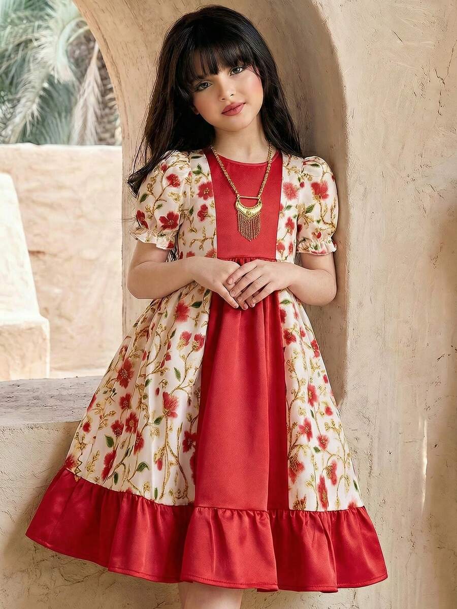SHEIN 女童撞色印花泡泡袖休闲连衣裙 - 粉色 - 查看 1
