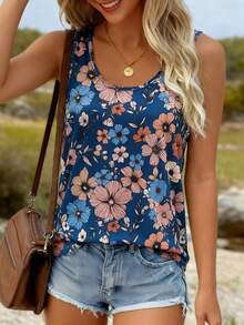 EMERY ROSE Vintage Ditsy Floral Sleeveless Tank Top Women, Loose Fit Crew Neck Floral Allover Print Camisole For Summer Layering Tops For Women Summer Cute Women's Summer Outfits Spring Tops For Women Casual Women's Tops For Summer Summer Casual Tops - Navy Blue - View 4