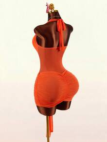 Amplova 2026 Early Spring New Arrival Low-Cut Shell Metal Accessory Front Tie Hem Women Mini Dress - Orange - View 2
