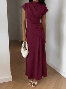Serisse 女士优雅纯色收腰长连衣裙，夏季 - 酒紅色 - 查看 6