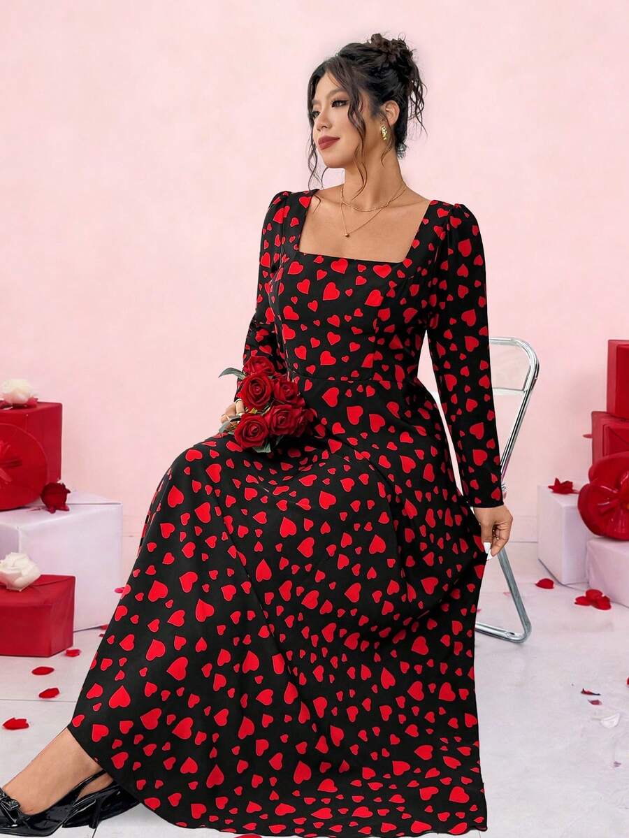 Elenzga Damen Große Größen elegantes Herz-Muster V-Ausschnitt Langarm Schleife Binden Maxikleid, geeignet für Valentinstag Date