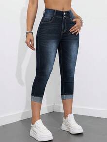 Jeanoix 女士休闲口袋七分修身牛仔裤 - 深色水洗藍 - 查看 4