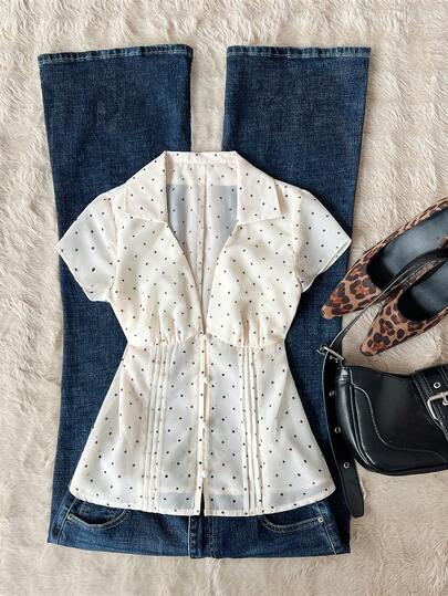 Elamini 女士波点荷叶边V领短袖衬衫，时尚沙滩装，性感日常、约会、春夏皆宜